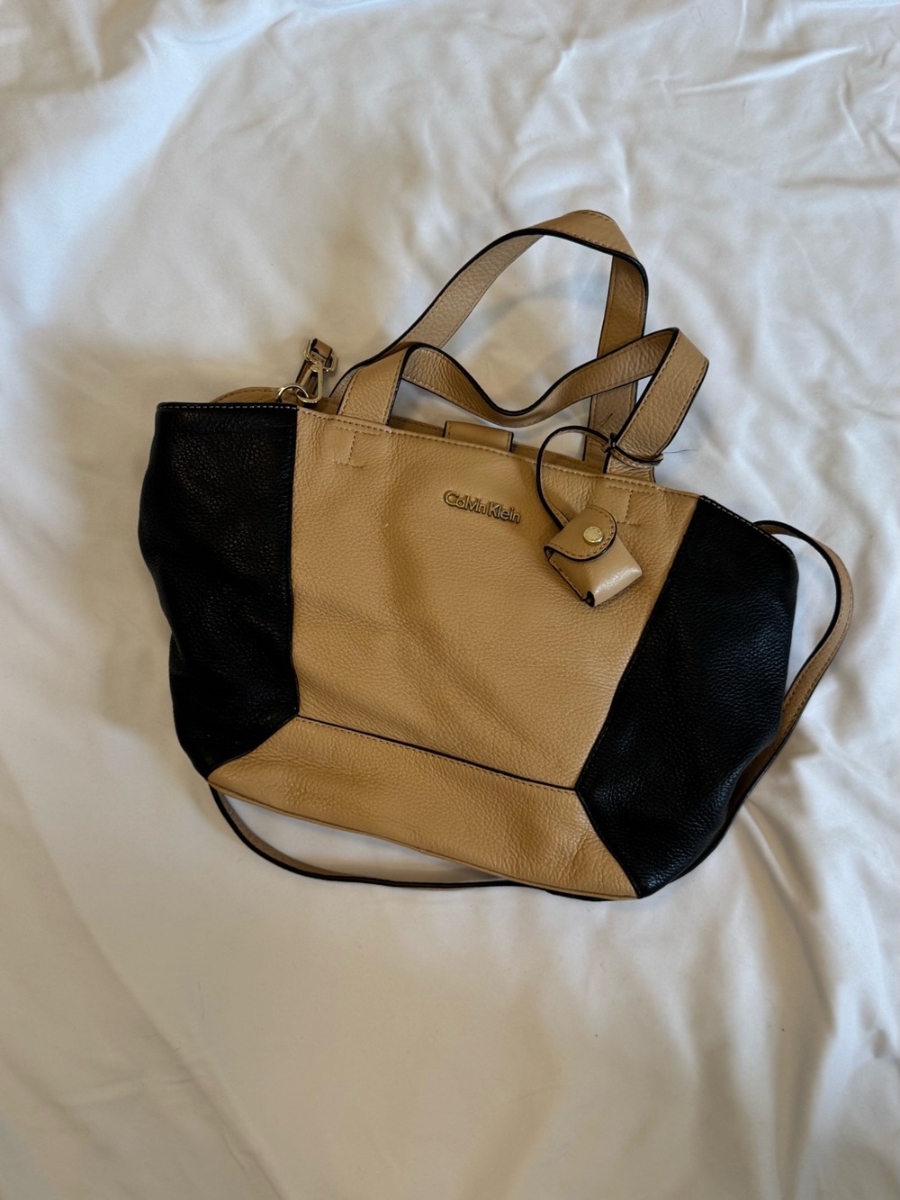 Calvin Klein Beige and Black Two-Tone Pebbled Leather Tote
